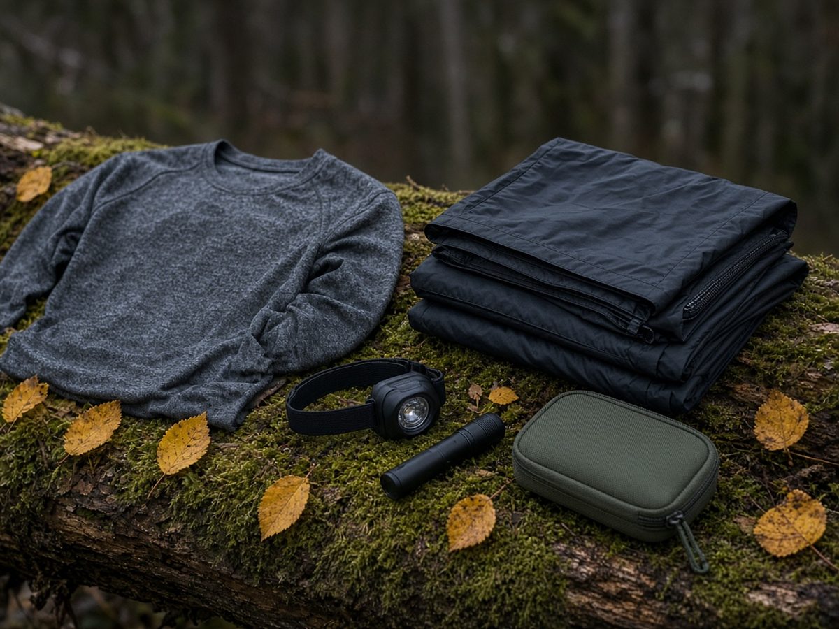 An equinox-week kit on a granite boulder: merino, rain pants, two lights, a pouch. Fifty degrees and wet is the risk.