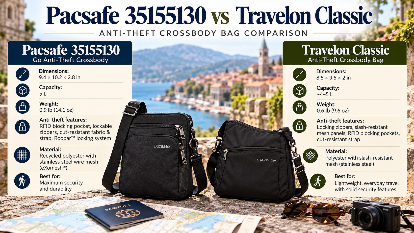 Two crossbody bags, poster headline Pacsafe 35155130 vs Travelon Classic