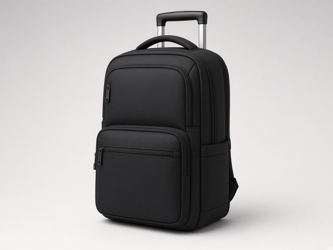 A black travel backpack on a plain background