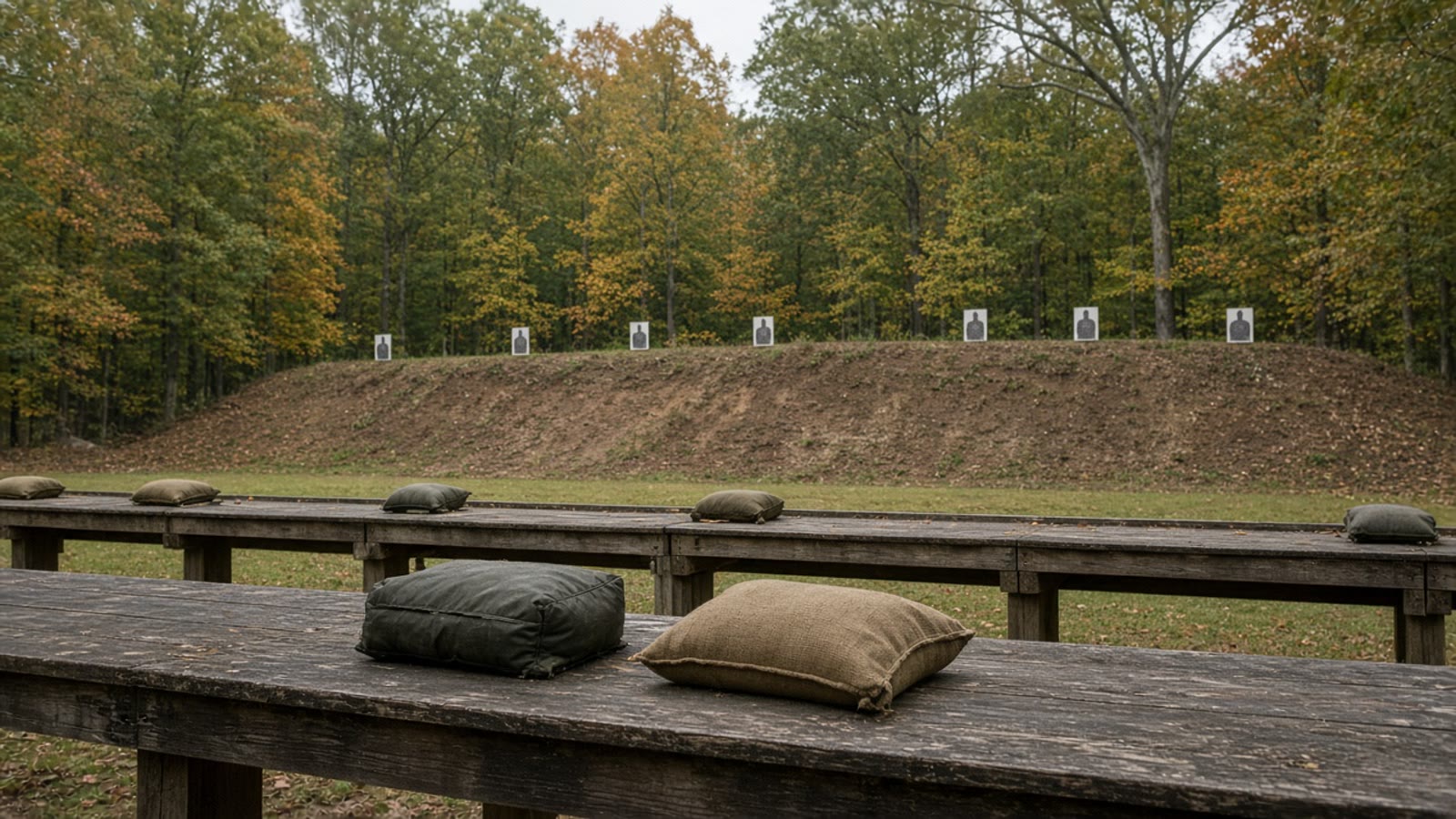 Empty shooting benches and rest bags on a September range facing paper targets in the woods