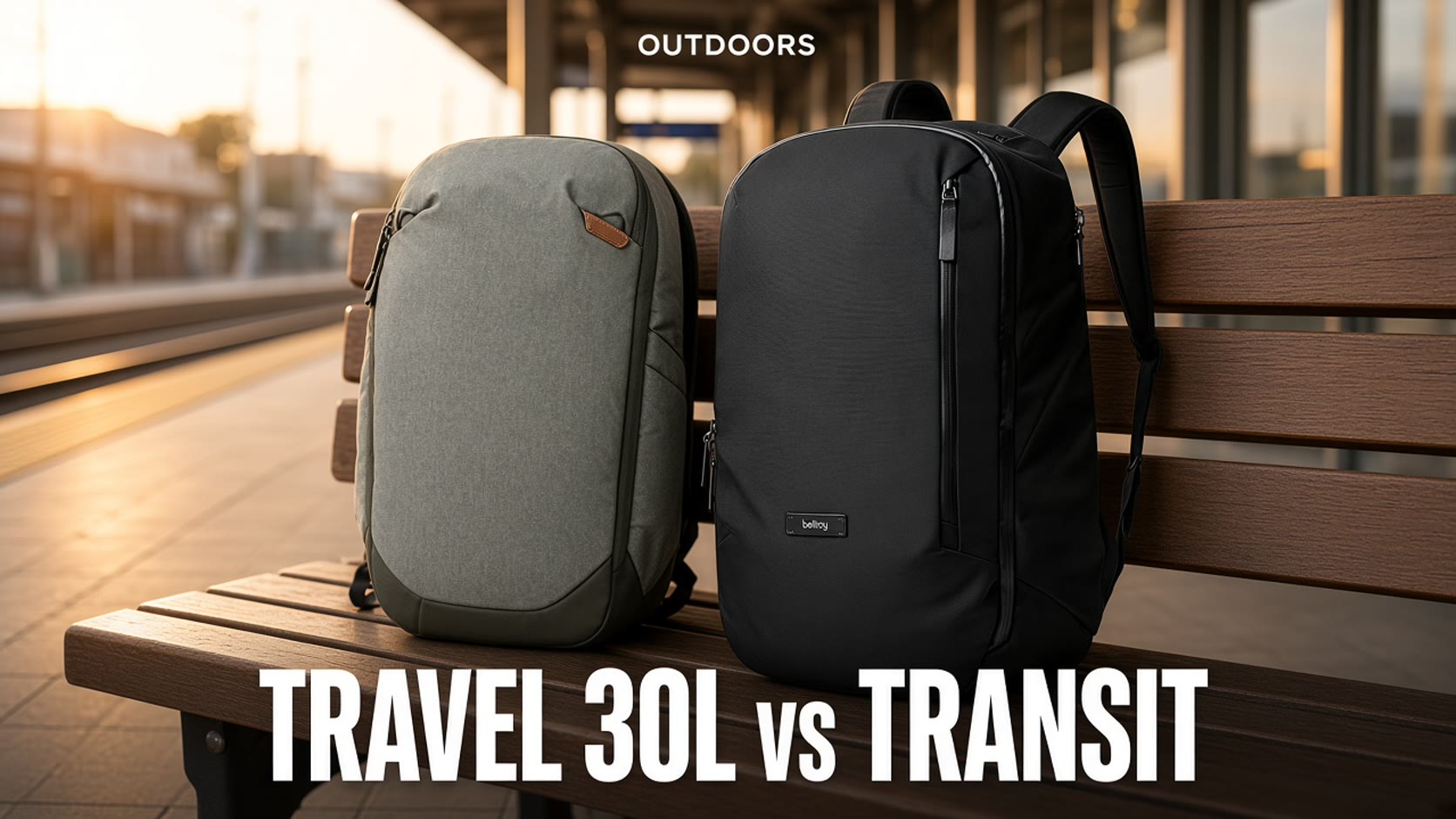 Sage Peak Design Travel Backpack 30L and black Bellroy Transit on a station bench, magazine cover headline Travel 30L vs Transit