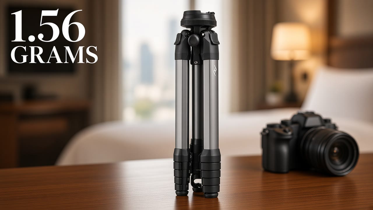 Collapsed travel tripod in a hotel room with the headline 1.56 Grams