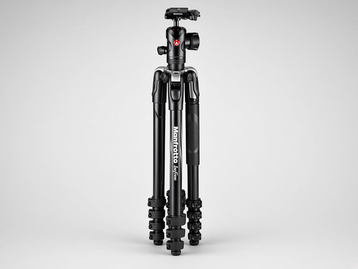 Black Manfrotto Befree travel tripod with a ball head on a plain background.