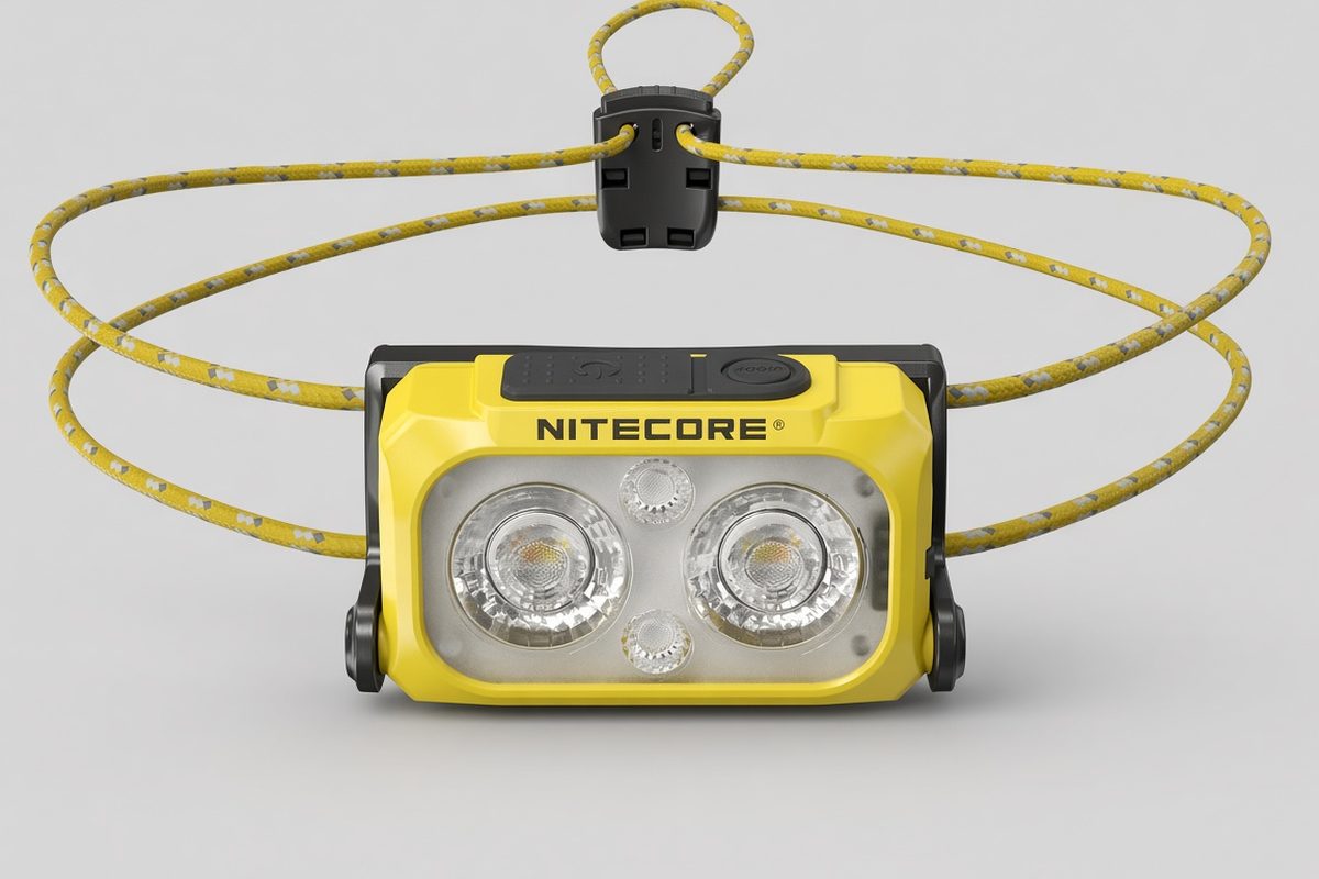 Nitecore NU25-400UL headlamp in MCT yellow, with a thin strap.