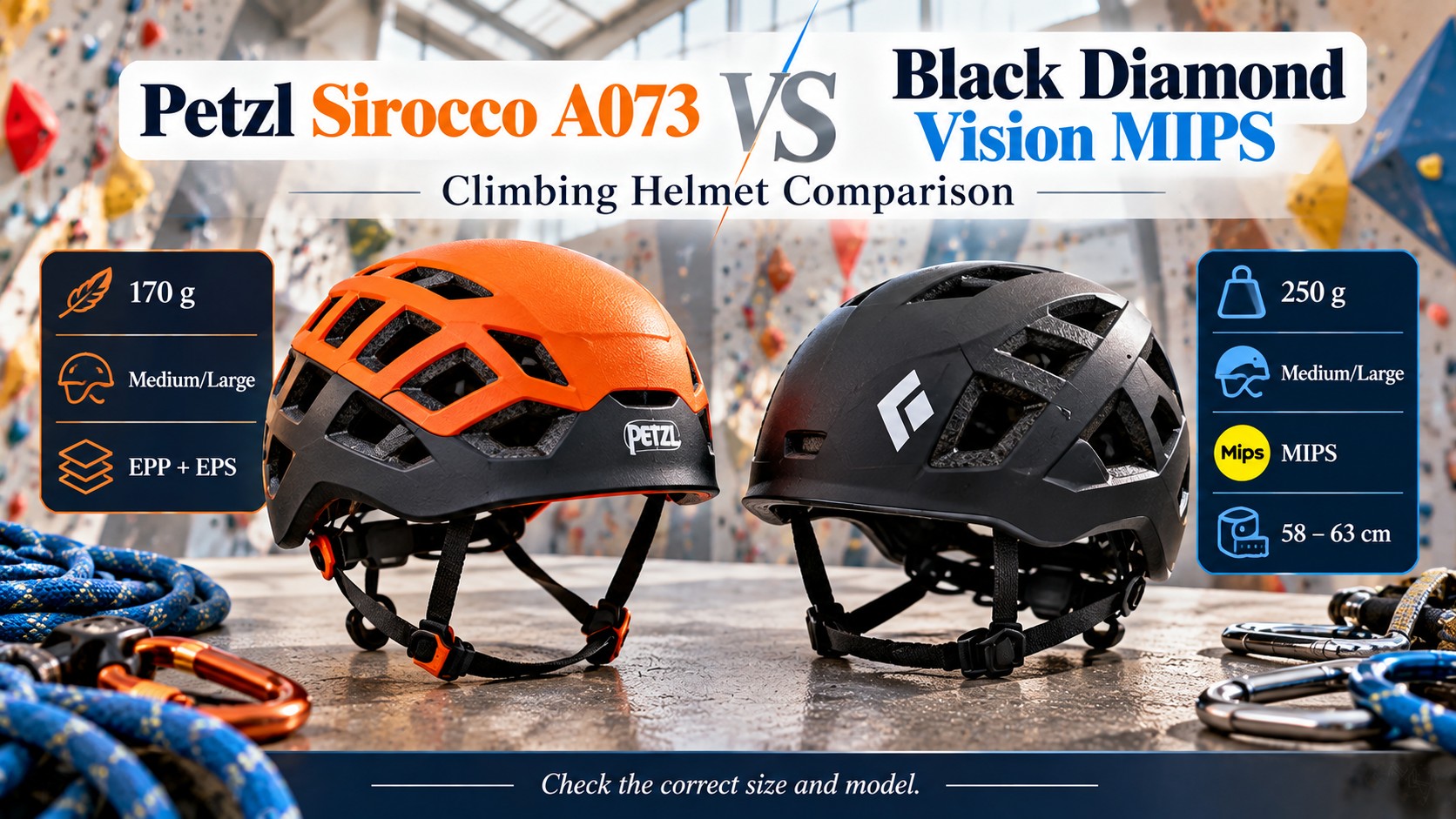 Two climbing helmets, headline Petzl Sirocco A073 vs Black Diamond Vision MIPS