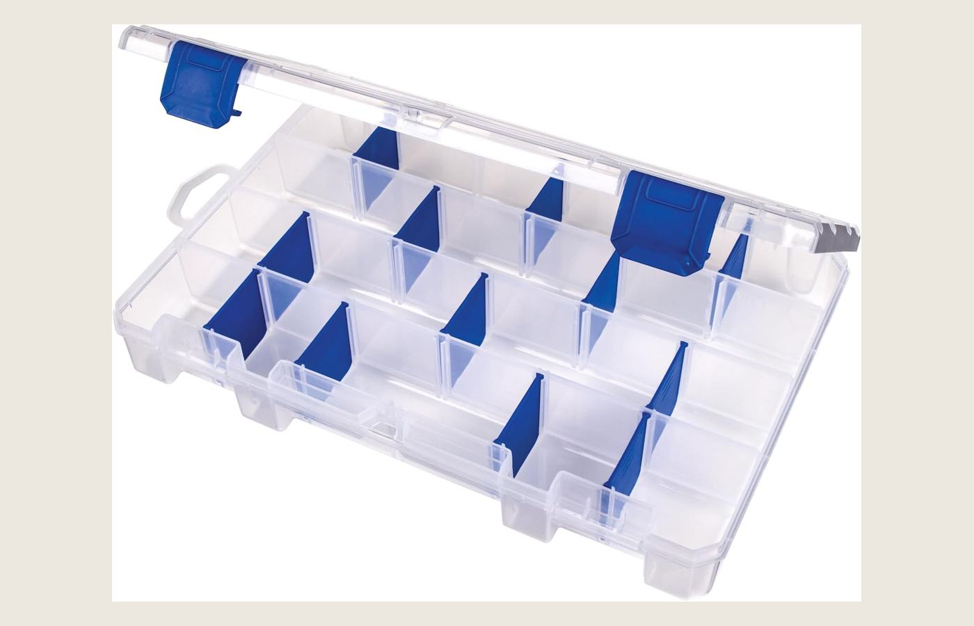 Flambeau 4007 Tuff Tainer tackle box with a clear lid and Zerust dividers.