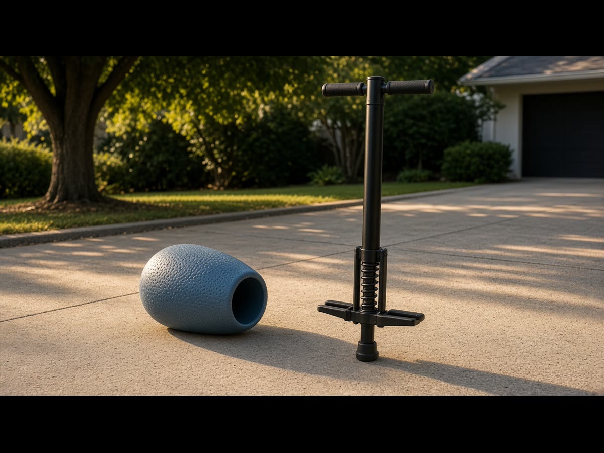 An adult on a metal pogo in a driveway, helmet on. Flat first.