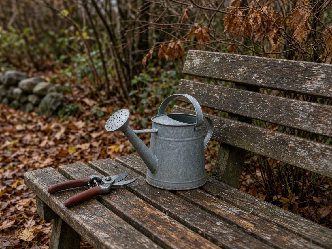Cut, drain the hose, last water at the base, then mulch. Tools dry before they hang.