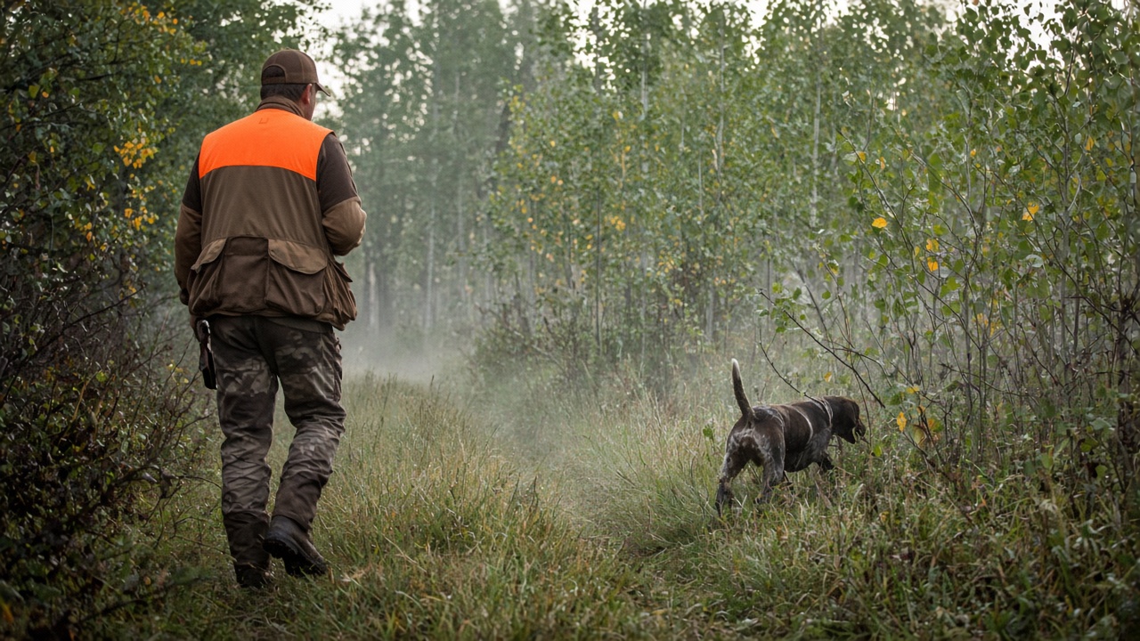 A hunter in a blaze vest walking a foggy aspen two-track behind a pointing dog in early September