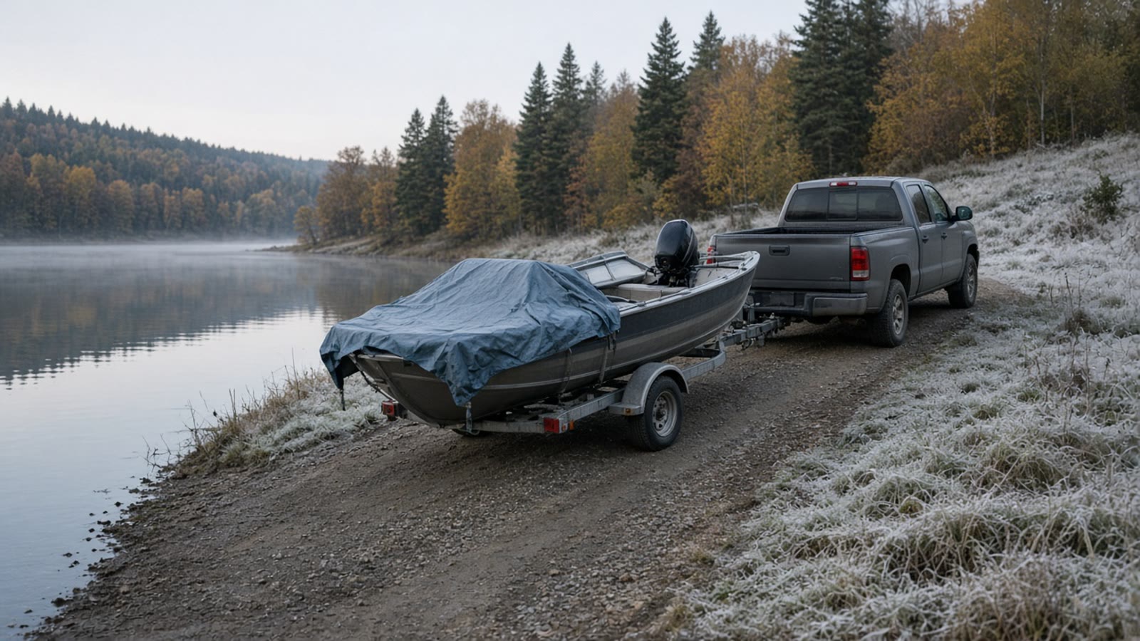 A recreational boat on a trailer at a quiet September ramp with frost on the grass