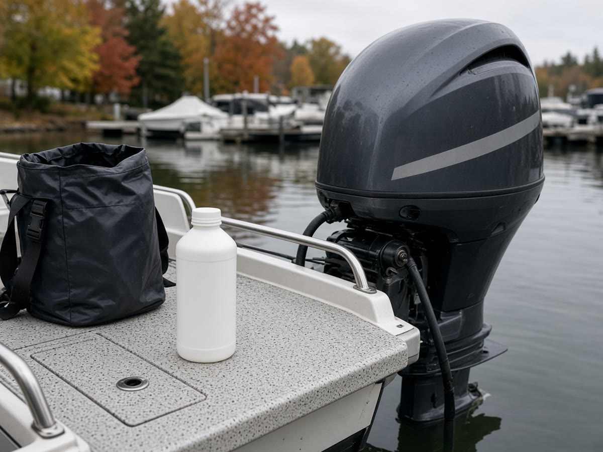 A hull on a trailer at a quiet September ramp. The cover goes on before the first hard frost, not after.