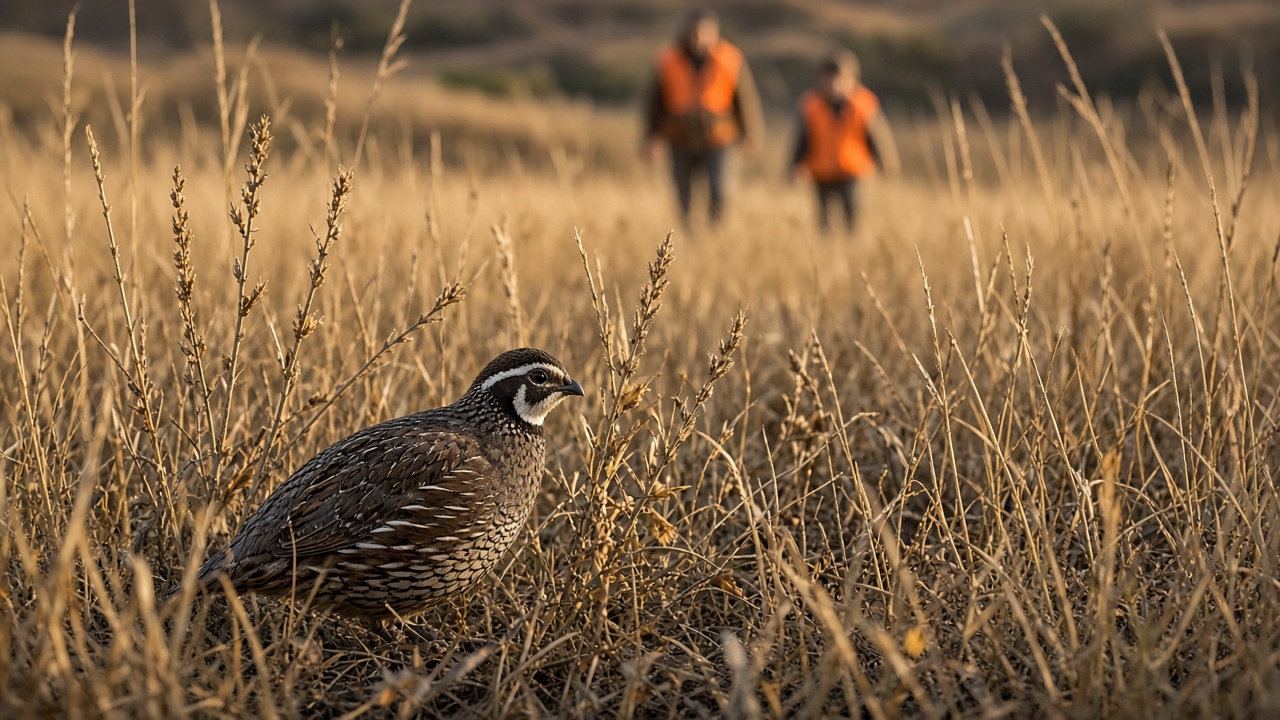 A bobwhite in autumn grass, blaze orange on a walk a kid can finish.