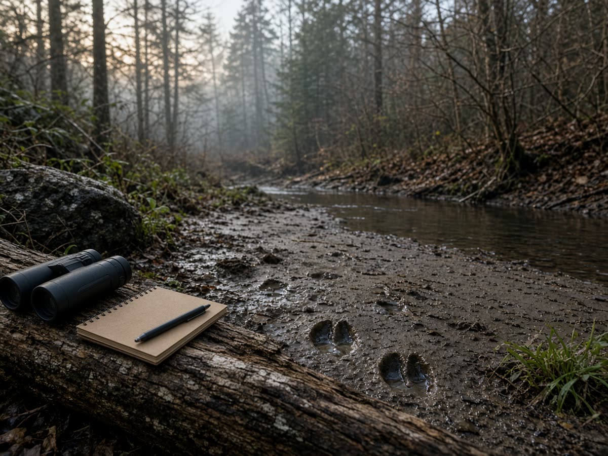 Tracks in wet sand, glass on a log. Read the mud. Then leave the animal the fold.