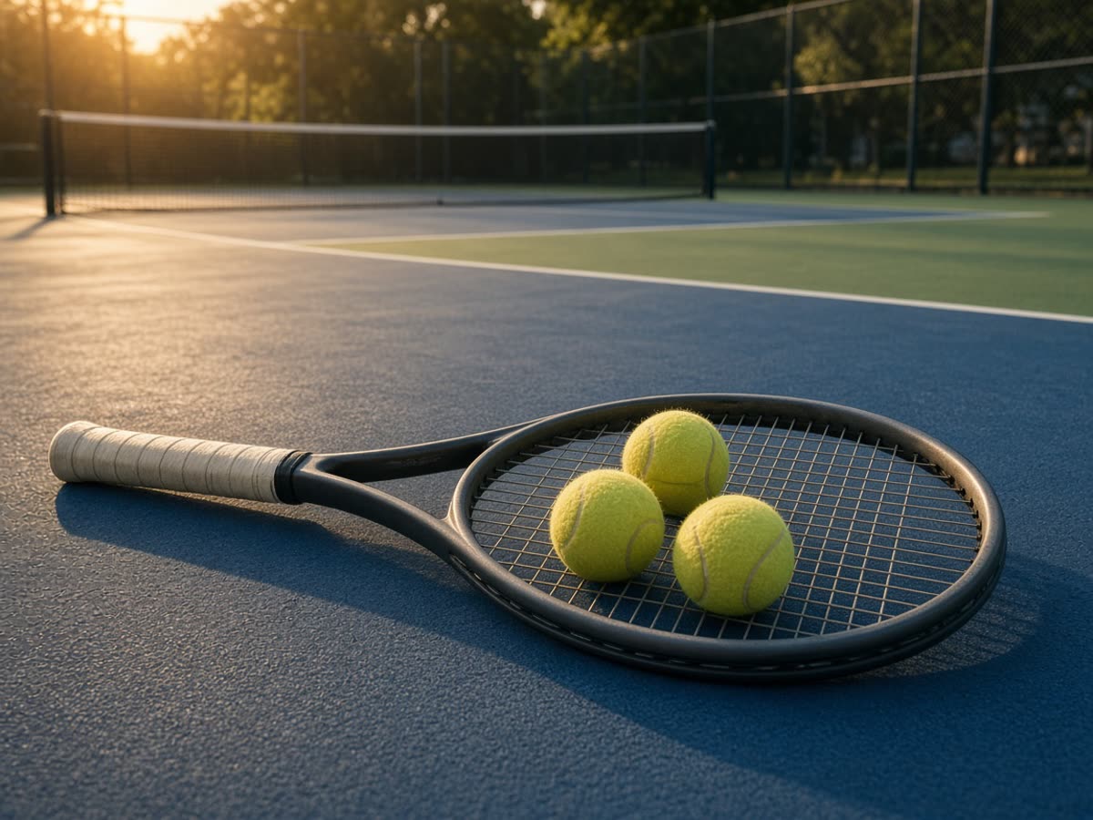 A 100-inch frame and extra-duty balls on a hard court. The split-step is the upgrade.