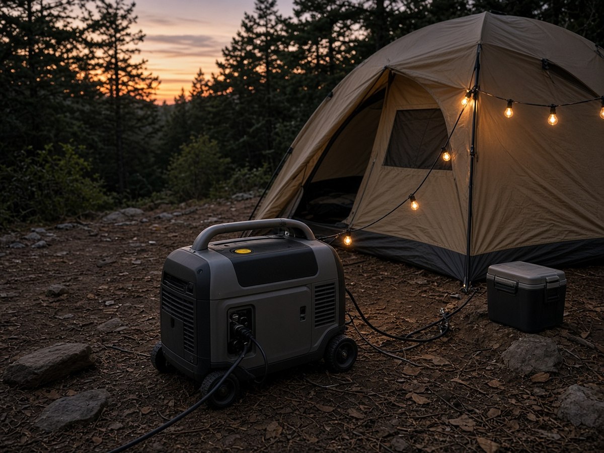 A quiet inverter generator sitting beside a tent at dusk. Inverter technology and battery power stations are the two real paths to quiet camping power.
