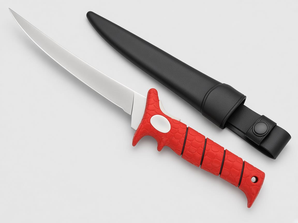 Red-handled flexible fillet knife with a black sheath on a plain background.