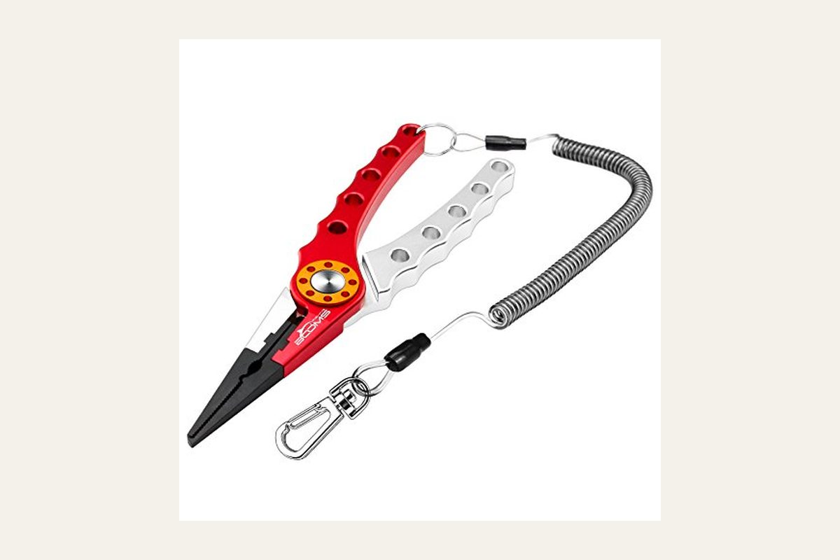 Booms Fishing X1 aluminum fishing pliers with a coiled lanyard and sheath, red and silver.
