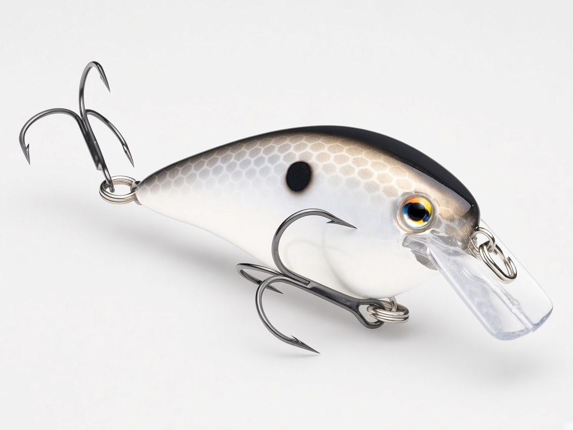 Strike King KVD 1.5 squarebill crankbait in a gizzard shad pattern, with a clear lip and two trebles.