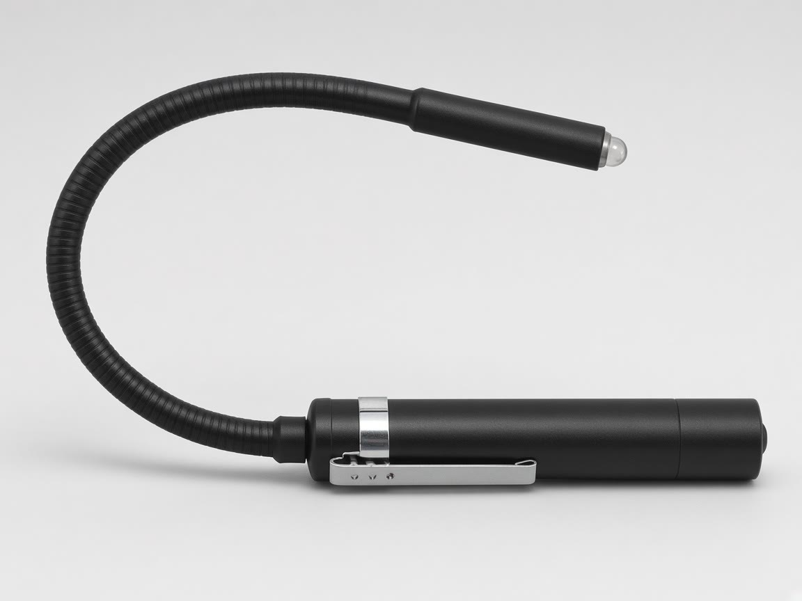Black flexible-neck bore light with a pocket clip on a plain background.