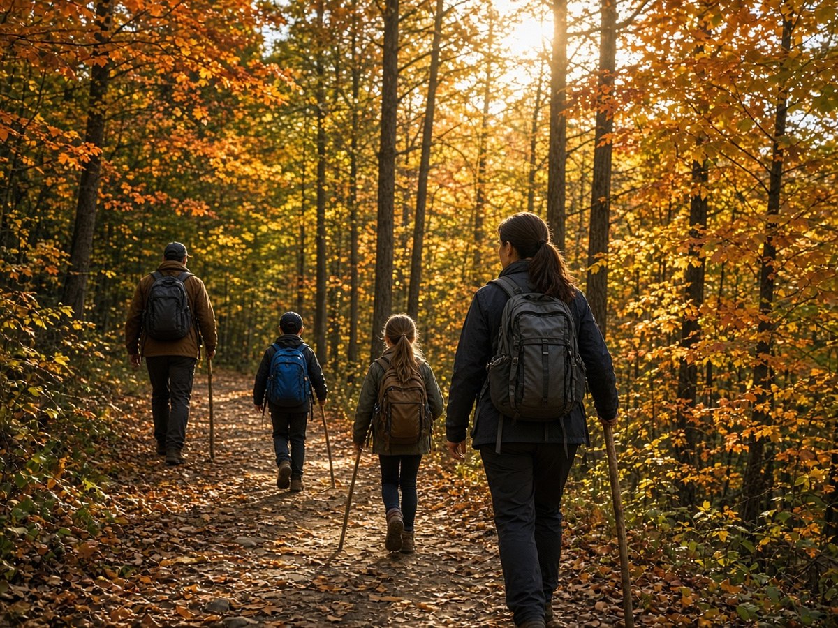 A family hiking a wooded trail in fall color. Cooler air, fewer bugs, and a visual payoff make autumn the easiest season to get reluctant young hikers excited about the trail.