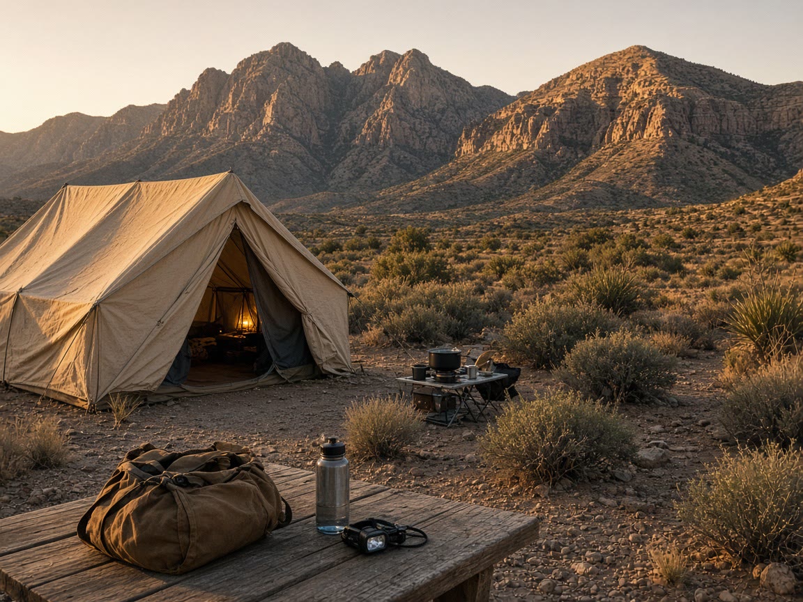 A desert pad, a pack, and water you already believe. The tap is a rumor.