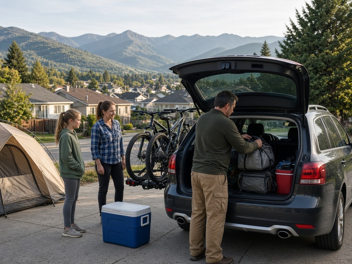 A family packing the car for a camping trip. Regular camping builds skills, traditions, and stress relief that compound in a way a single annual trip cannot match.