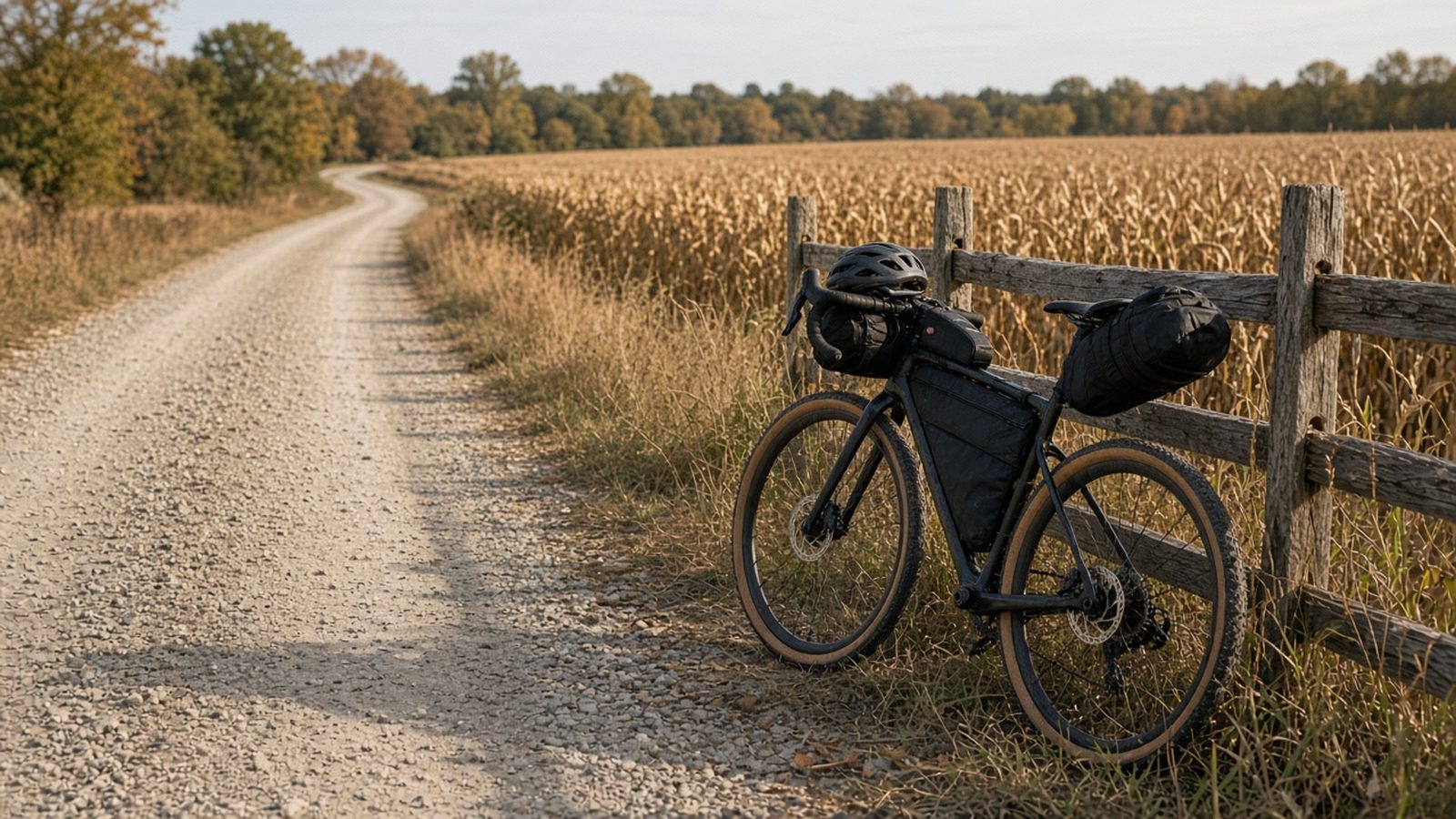 A loaded gravel bike on a Monday farm road after harvest, gold stubble and empty gravel