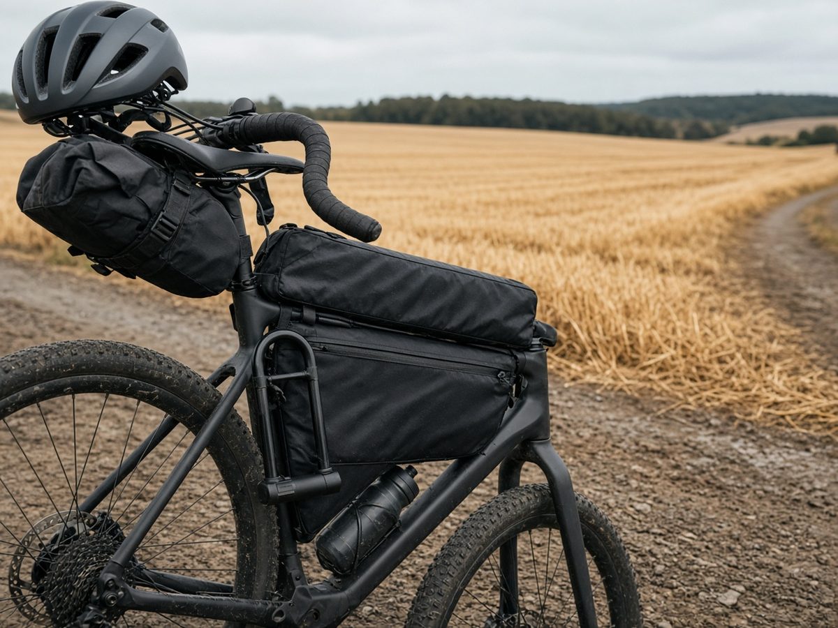 Monday gravel after the harvest trucks leave. The bags stay on the bike. The road is the point.
