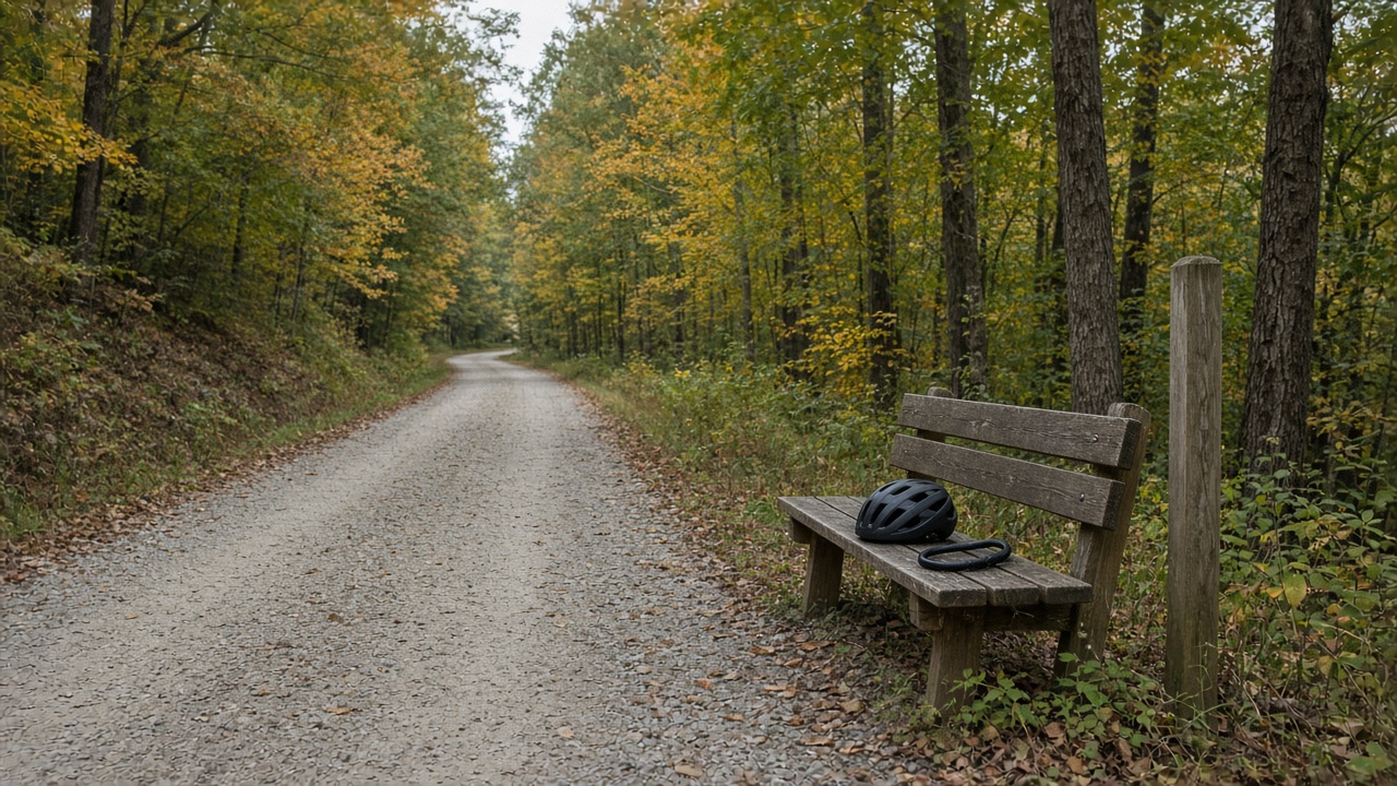 Empty Sunday rail trail through first-gold hardwoods with a helmet and U-lock on a bench