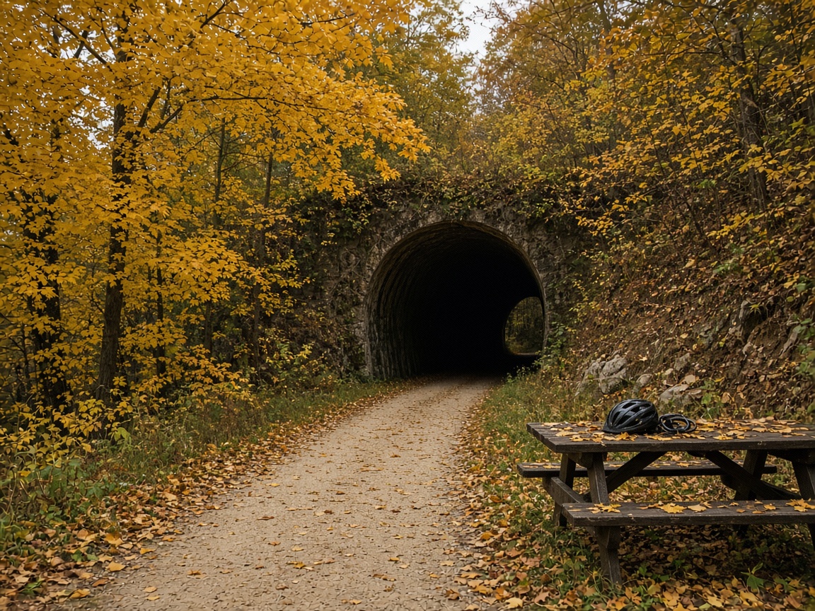 A late-September rail trail after Saturday walkers leave. The hardwoods are turning. The lid stays on.
