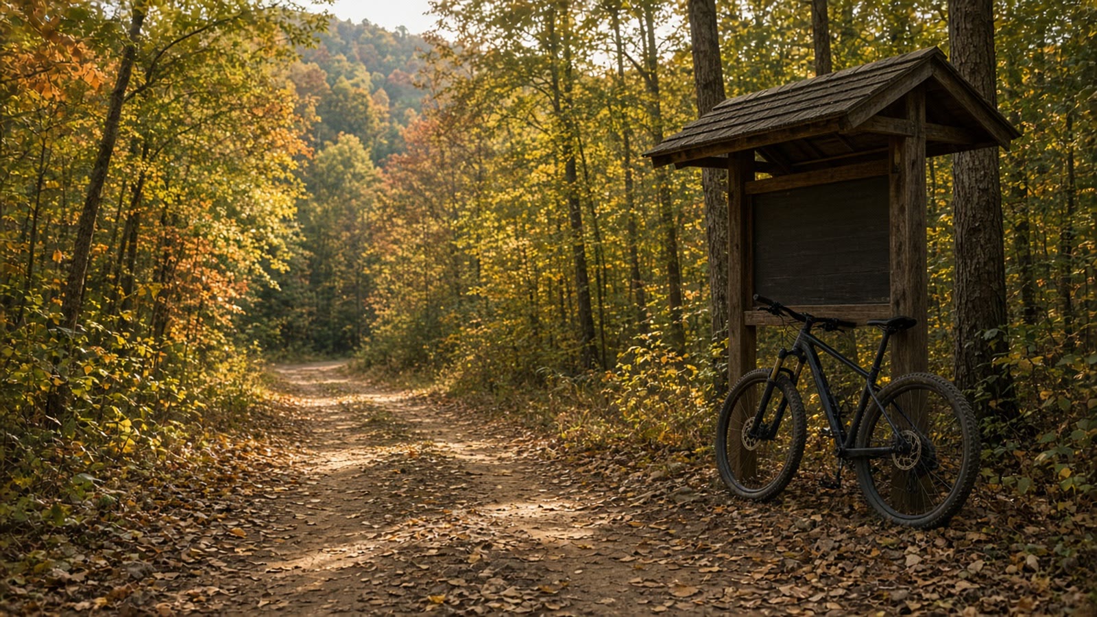 Firm September mountain-bike singletrack through hardwoods with golden late-day light