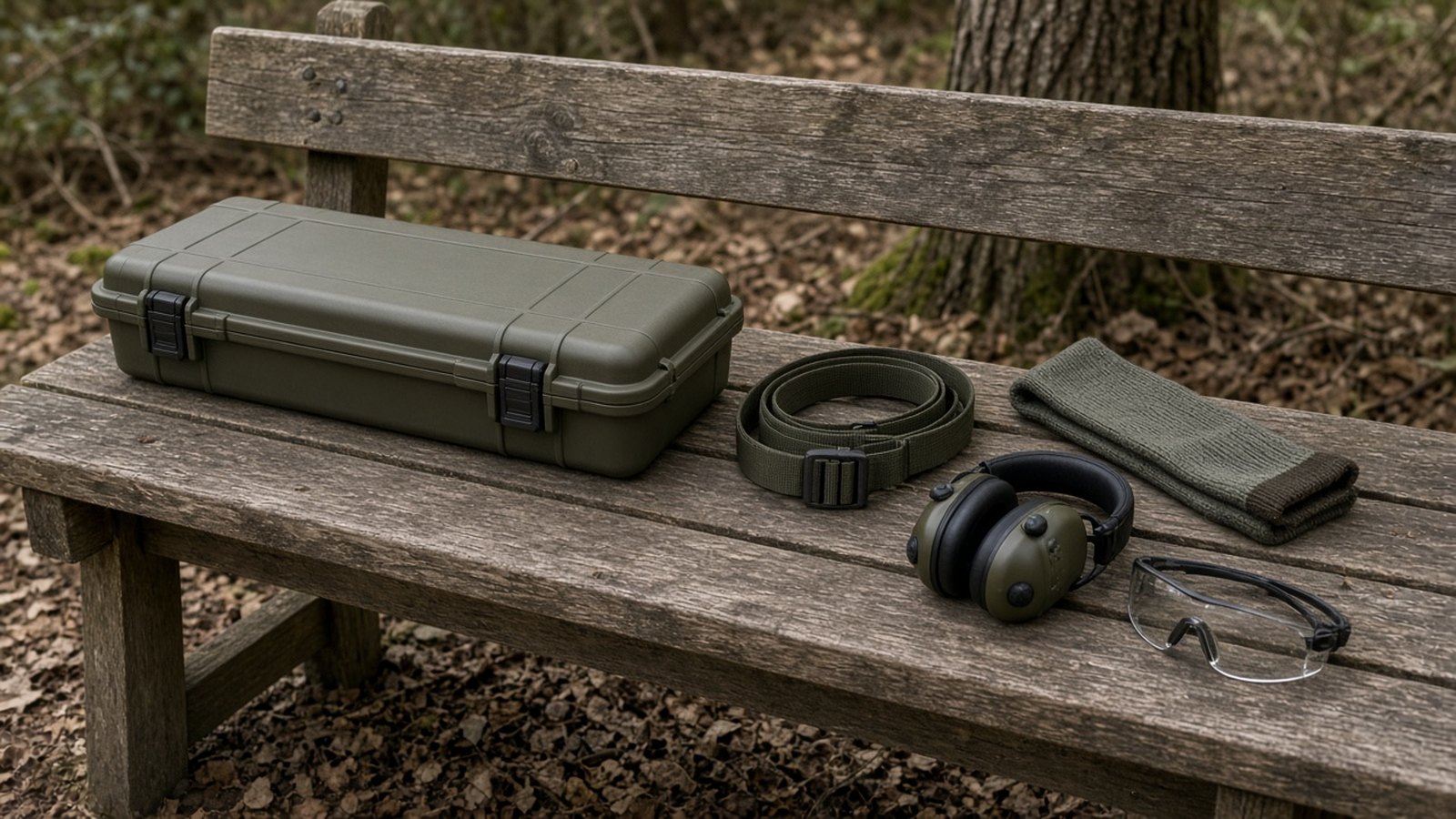 A closed long hard case, a coiled sling, a knit sock, electronic muffs, and glasses on an oak bench