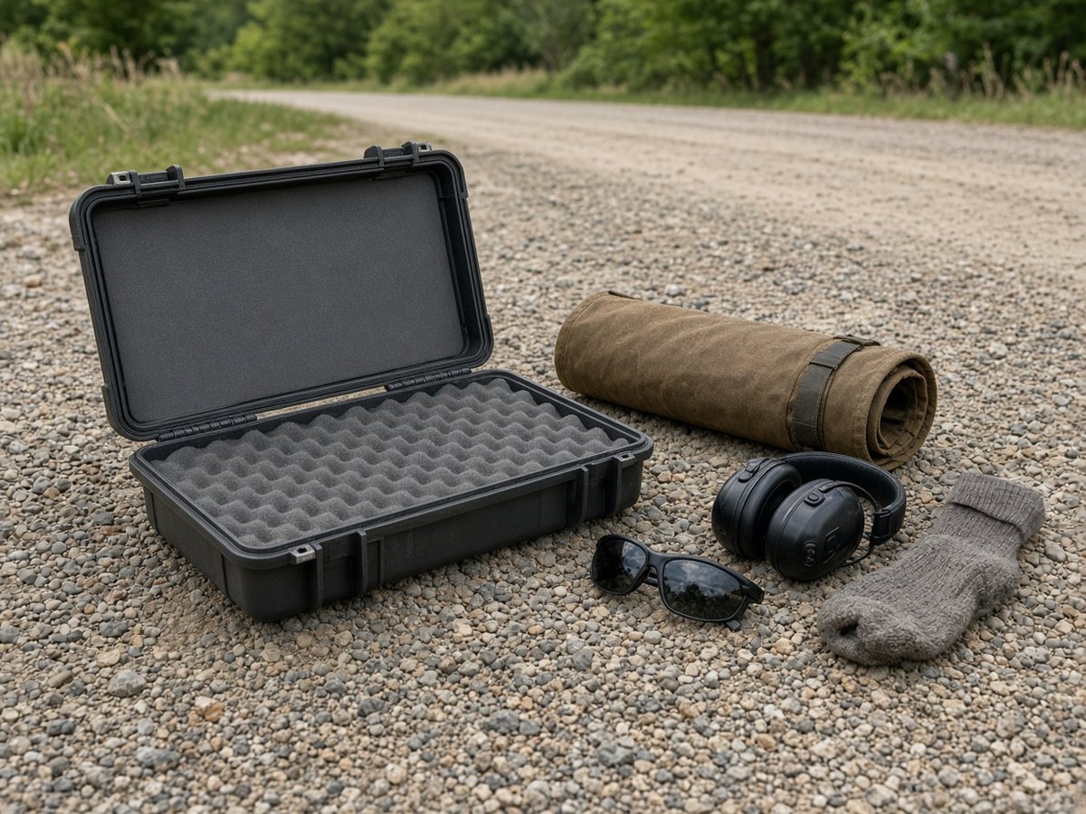 An open empty hard case, a rolled canvas sleeve, muffs, glasses, and a knit sock on gravel