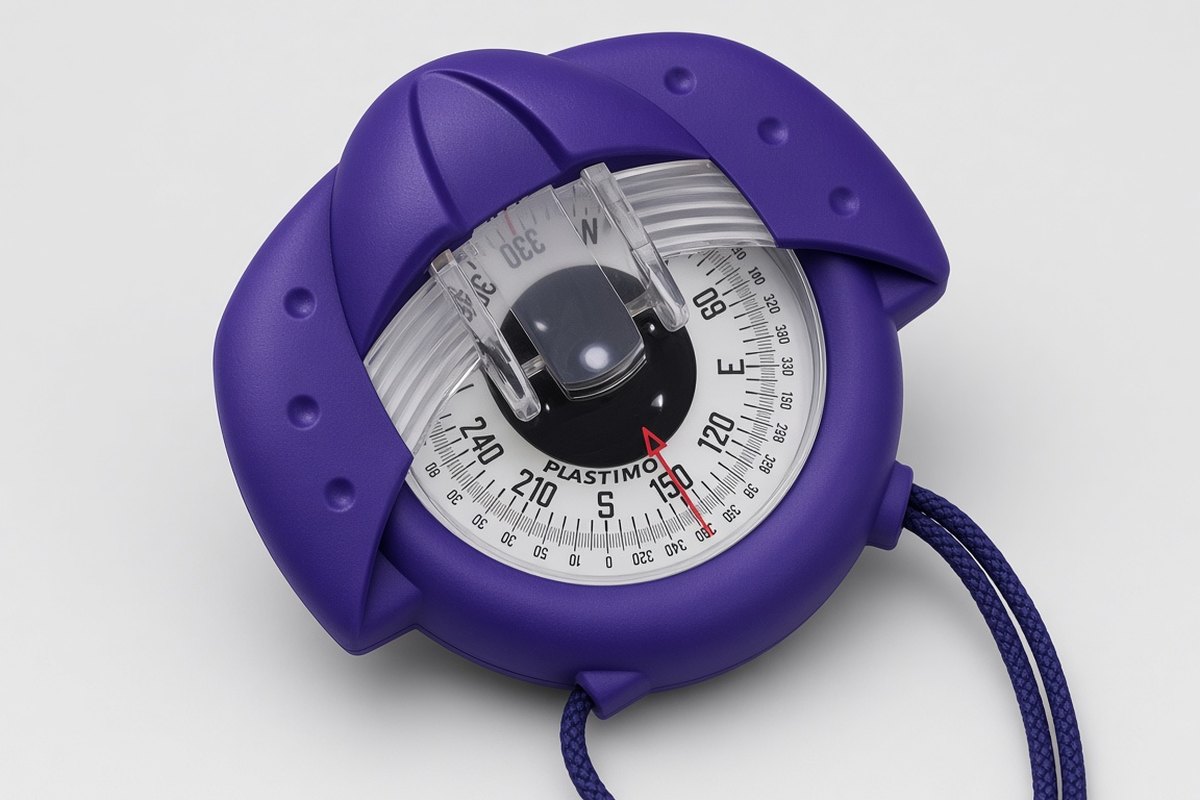 Plastimo Iris 50 hand-bearing compass, violet housing, part 63870, dial marked PLASTIMO.