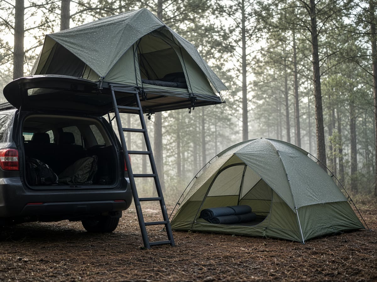 A rooftop tent on a parked overland vehicle beside a dome tent on dirt. The rack is the first purchase, not the canvas.