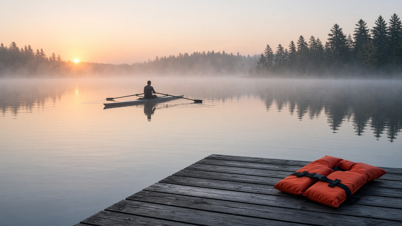 A single scull at sunrise, a vest on the dock, a stretch you can still reverse.