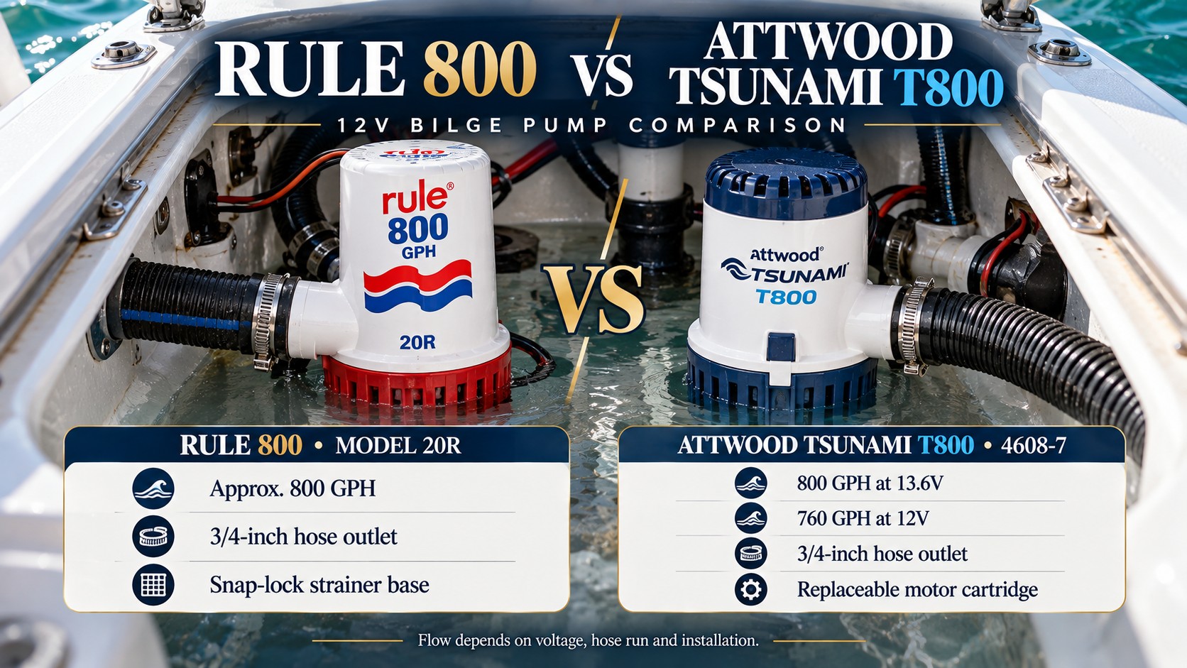 Rule 800 vs Attwood Tsunami T800 12V bilge pump comparison in a boat bilge.