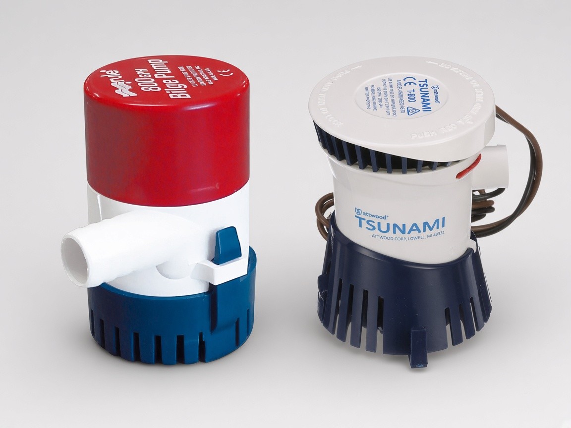 A Rule 800 GPH bilge pump and an Attwood Tsunami T800 bilge pump on a plain background