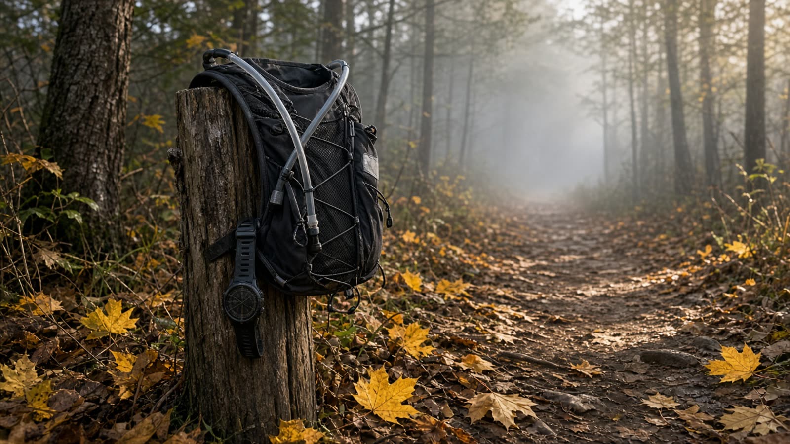 A Tuesday XC trail in first gold with a hydration vest and watch on a trail blaze
