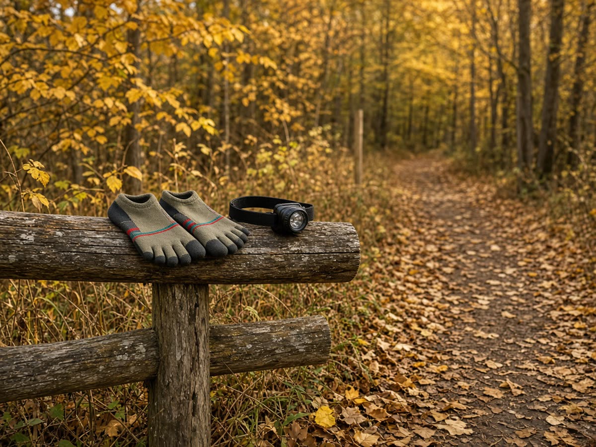 First-gold XC trail. Toesocks and a lamp on the rail. The turnaround is on the watch.