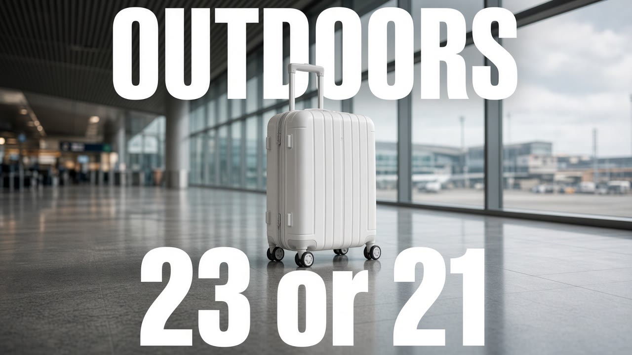 White carry-on in an airport, magazine cover headline 23 or 21
