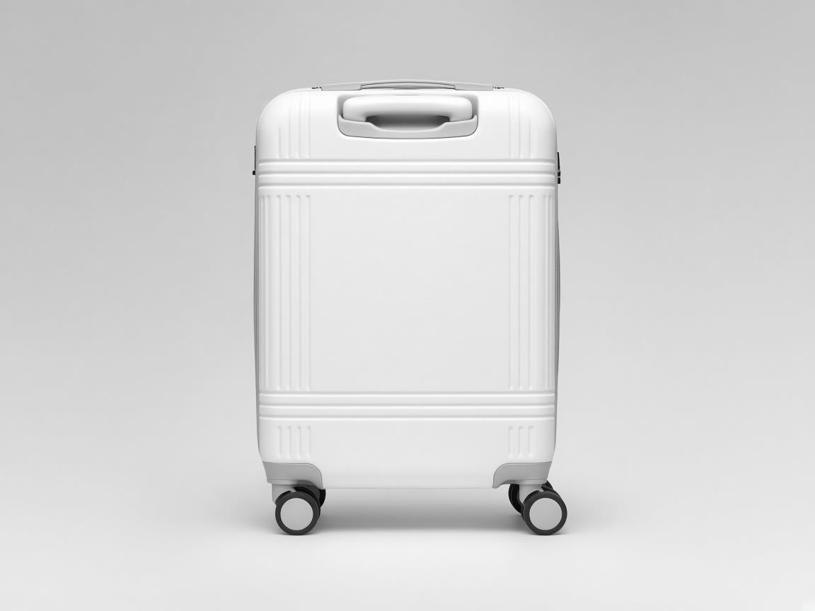 White hard-shell carry-on spinner on a plain background.