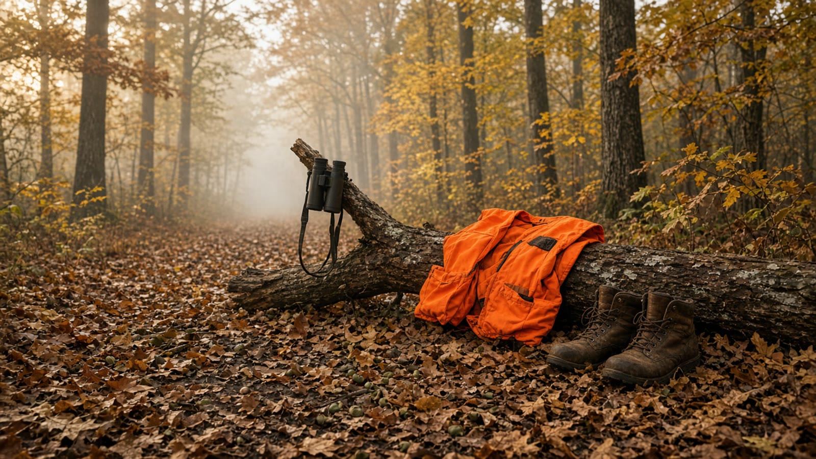 Late-September oak mast on a public two-track with binoculars and upland boots at first light