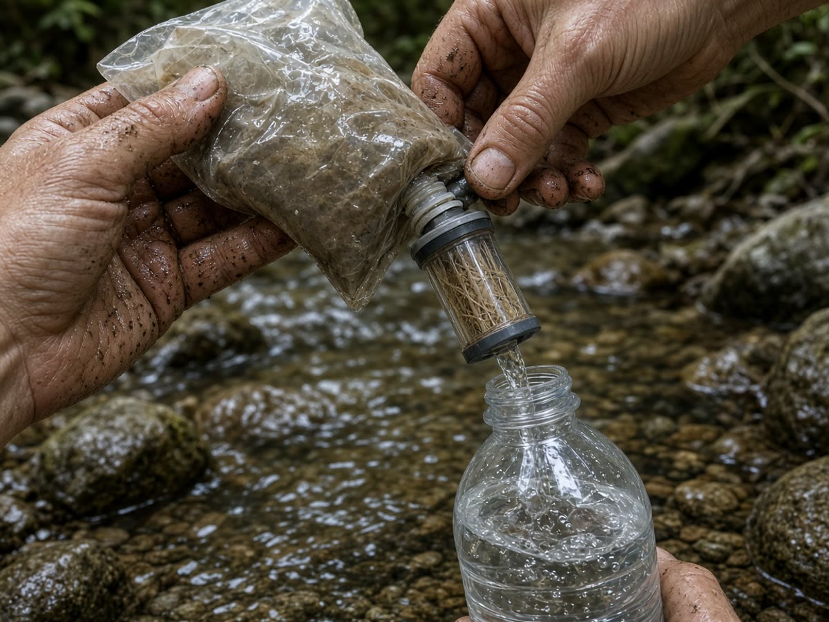 A squeeze pouch and a personal straw filter on a wet rock beside a creek. Bottles decide which filter you actually wanted.