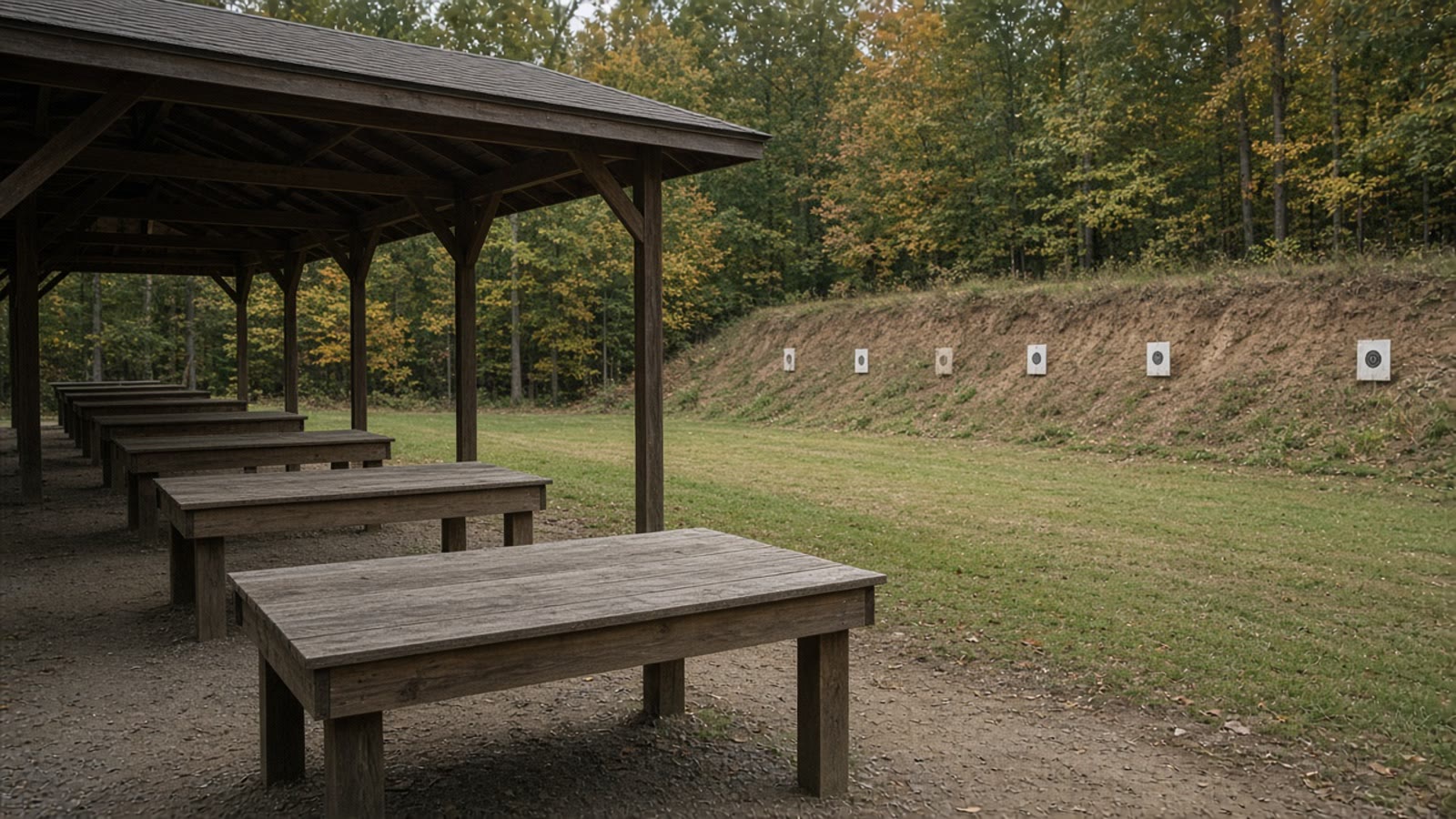 Empty September shooting benches and paper targets downrange in autumn woods