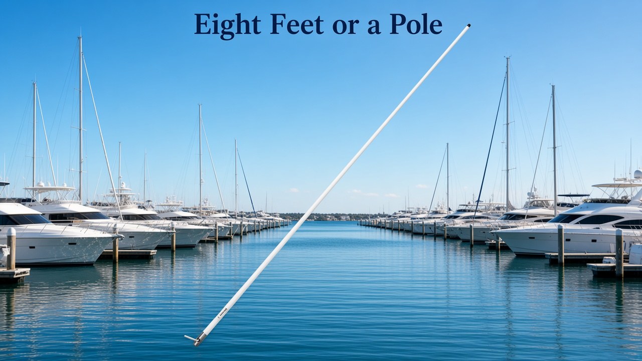 White 8-foot VHF whip antenna over a marina, with the headline Eight Feet or a Pole