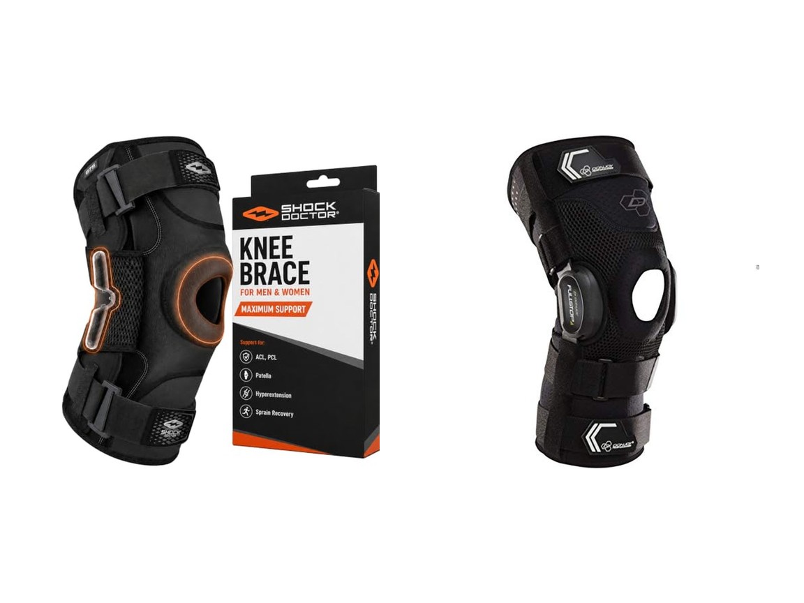 A Shock Doctor hinged knee brace and a DonJoy FullStop knee brace on a plain background