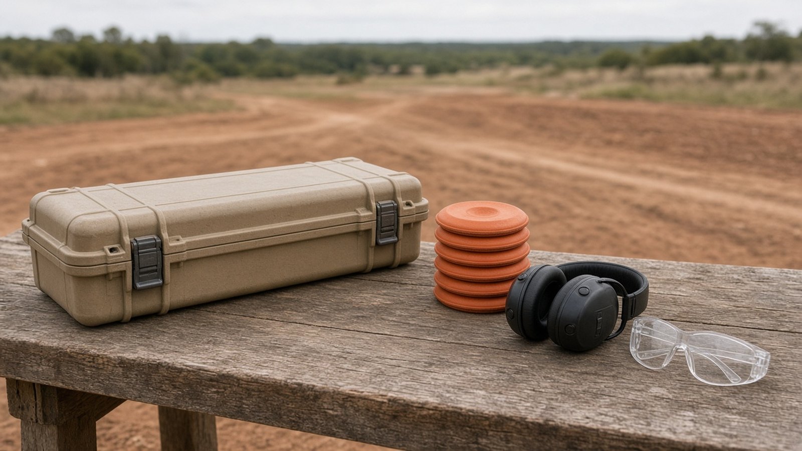 A closed long case, a stack of clay targets, electronic muffs, and glasses on an oak bench