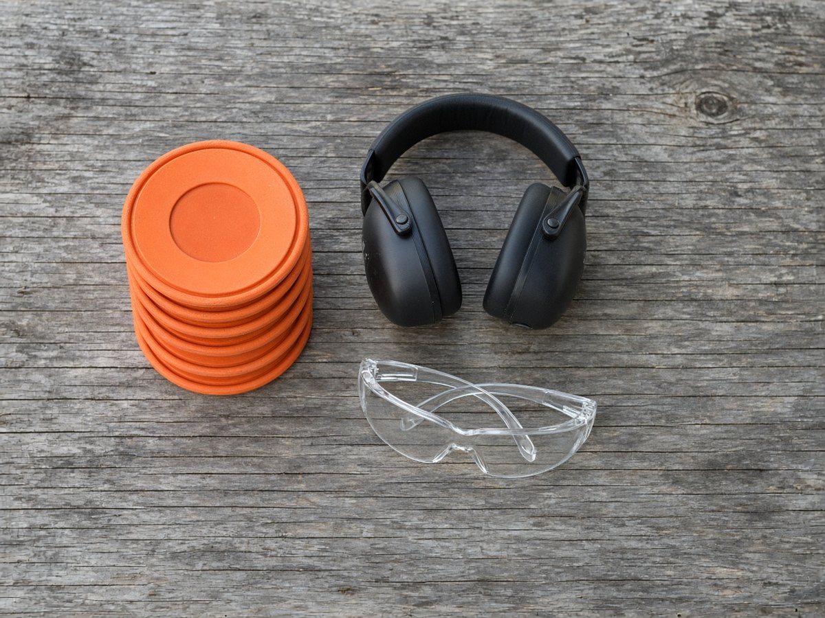 Orange clay targets, electronic muffs, and clear glasses on a wooden table
