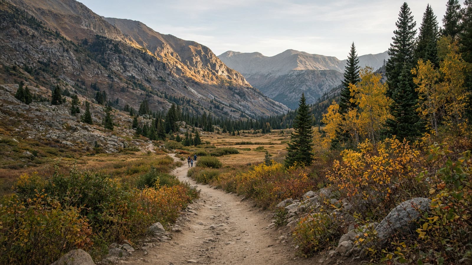 A quiet national park trail after Labor Day in September light with few people on the path